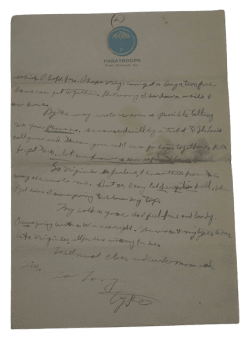 LETTRE PVT BIRLEY 101ST AIRBORNE 377TH PFAB FORT BENNING 