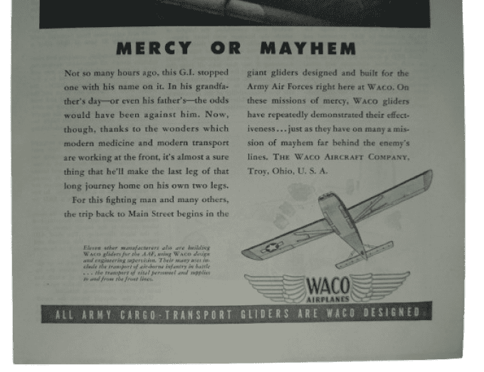PUBLICITE PLANEUR WACO GLIDER 1944 