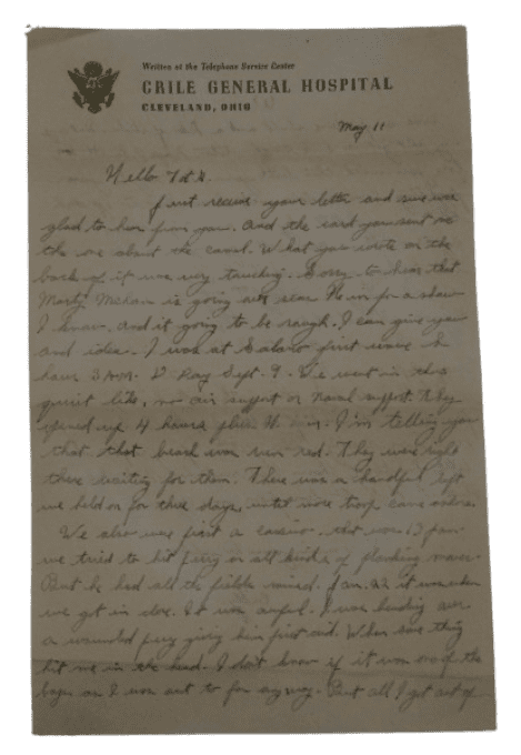 LETTRE CRILE HOSPITAL PVT J.CULLITON WIA ITALIE 1944 36TH INF DIVISION