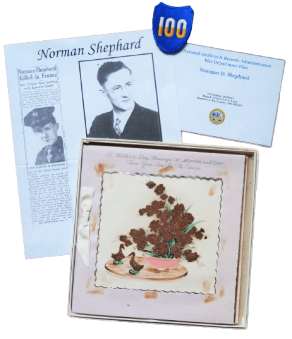 CARTE PVT SHEPHARD 100TH ID KIA FRANCE 1944