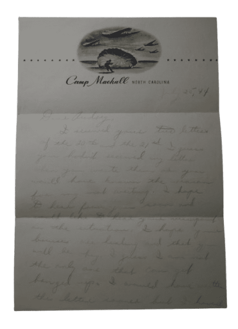 LETTRE T/5 DAVID HETTRICK 13TH AIRBORNE CAMP MACKALL 1944