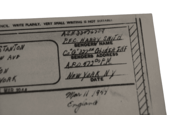 V-MAIL S/GGT SMITH 101ST AIRBORNE 327TH GLIDER ANGLETERRE 1944