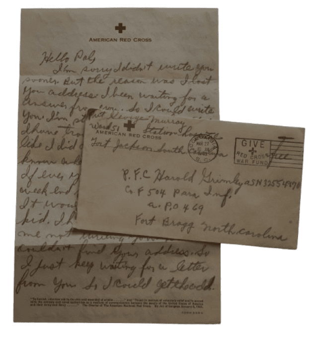 LETTRE RED CROSS 1943 PFC GRIMLEY 82ND AIRBORNE 504TH PIR