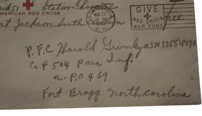 LETTRE RED CROSS 1943 PFC GRIMLEY 82ND AIRBORNE 504TH PIR