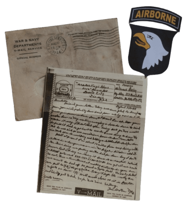 V-MAIL PVT BIRLEY 101ST AIRBORNE 377TH PFAB ANGLETERRE 1944 