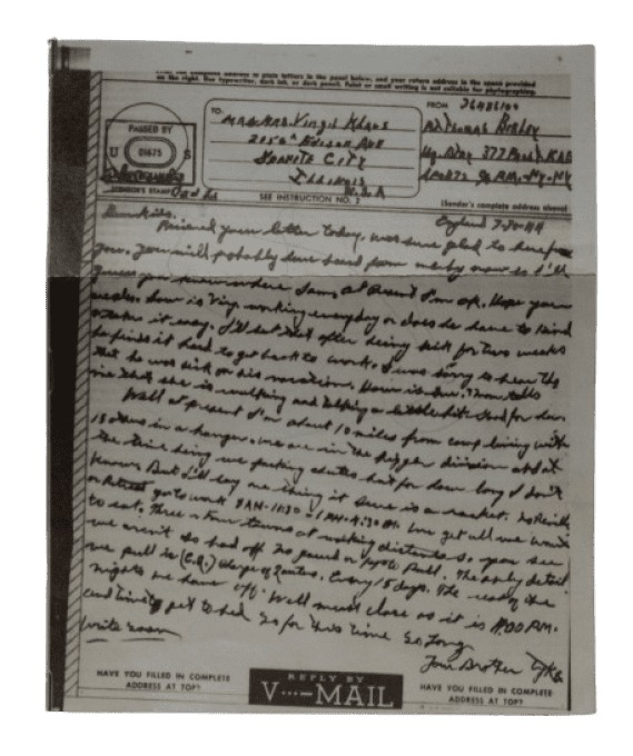 V-MAIL PVT BIRLEY 101ST AIRBORNE 377TH PFAB ANGLETERRE 1944 