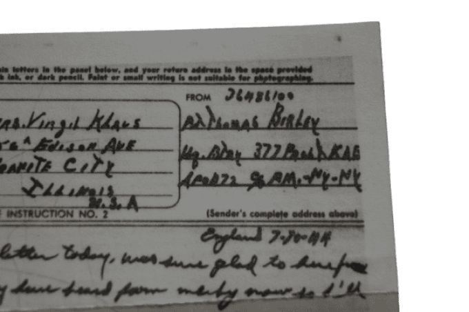 V-MAIL PVT BIRLEY 101ST AIRBORNE 377TH PFAB ANGLETERRE 1944 