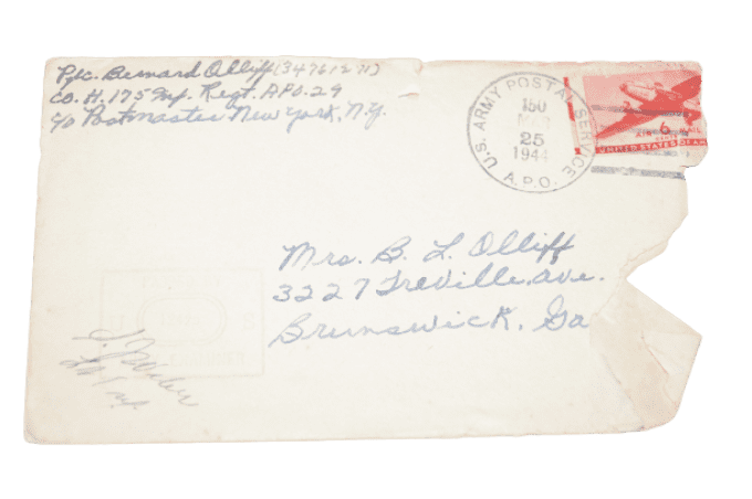 LETTRE 29TH INF DIV PFC OLLIFF OMAHA BEACH WIA NORMANDIE