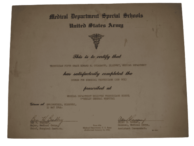 CERTIFICAT T/5 COLASANTO 363rd MEDICAL BAT 63rd INF DIV