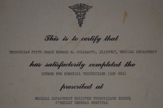 CERTIFICAT T/5 COLASANTO 363rd MEDICAL BAT 63rd INF DIV