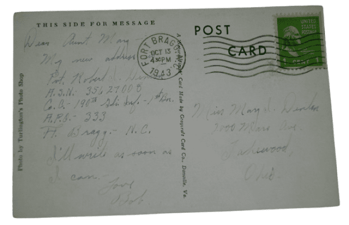 CARTE FORT BRAGG SGT ROBERT DENTON 28TH INF DIV WIA 1944