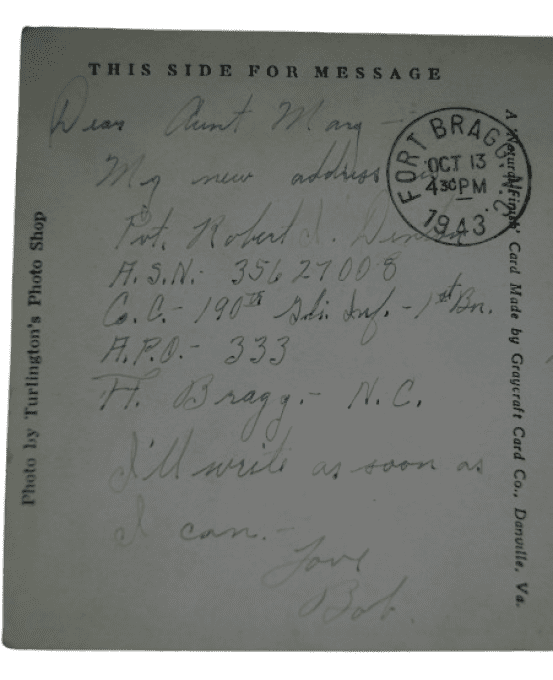 CARTE FORT BRAGG SGT ROBERT DENTON 28TH INF DIV WIA 1944