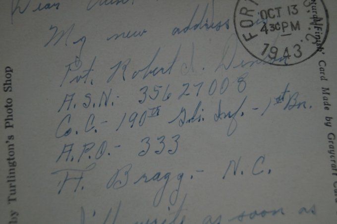 CARTE FORT BRAGG SGT ROBERT DENTON 28TH INF DIV WIA 1944