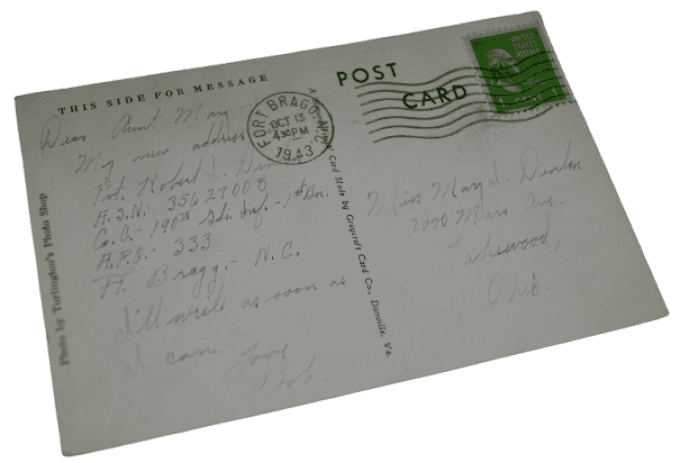 CARTE FORT BRAGG SGT ROBERT DENTON 28TH INF DIV WIA 1944