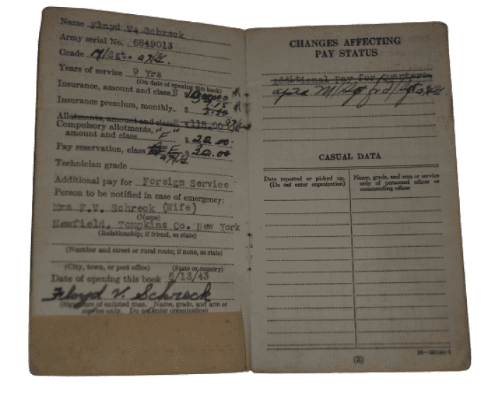LIVRET PAY RECORD M/SGT FLOYD SCHRECK