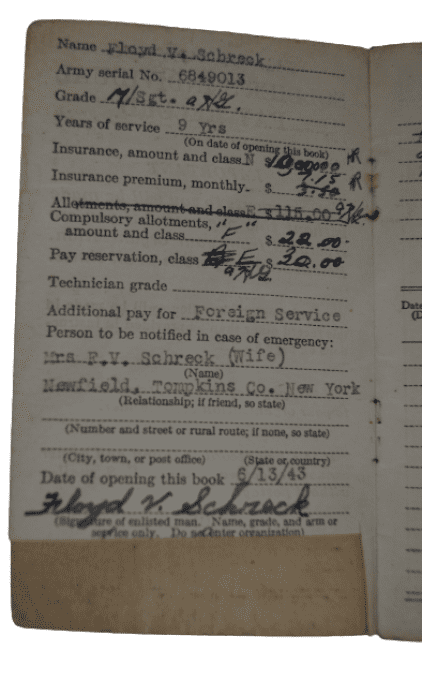 LIVRET PAY RECORD M/SGT FLOYD SCHRECK