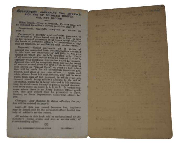 LIVRET PAY RECORD M/SGT FLOYD SCHRECK