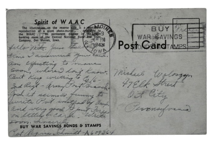 CARTE WAAC FORT DES MOINES 1943 PVT REGINA SCHMIDT 