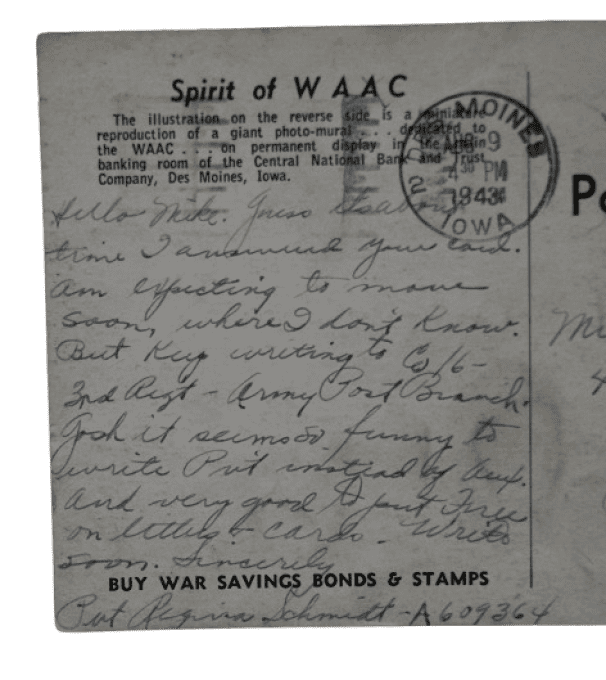 CARTE WAAC FORT DES MOINES 1943 PVT REGINA SCHMIDT 