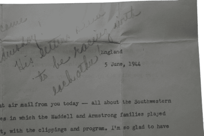 LETTRE 5 JUIN 1944 ANGLETERRE CAPT ST. JOHN WADDELL